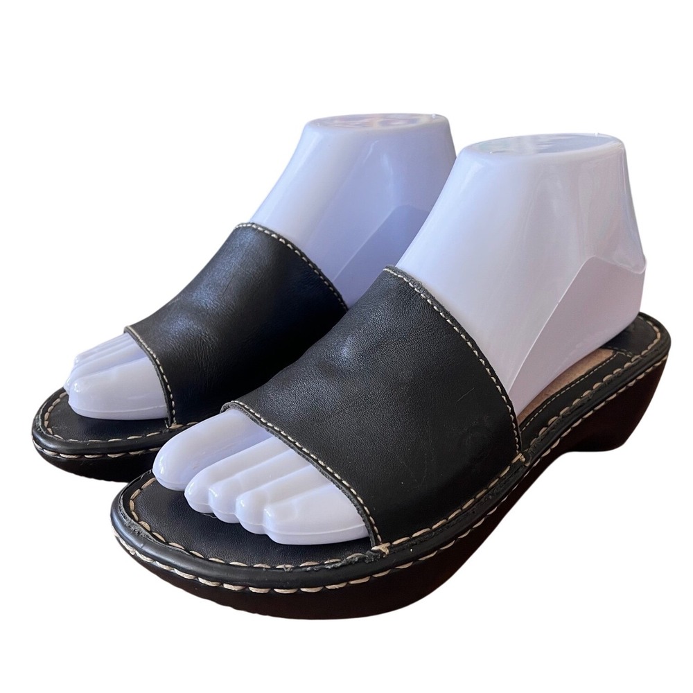 Born Black Leather‎ Slide Sandals Women 6/37 Wedge Platform Biker Grunge Goth